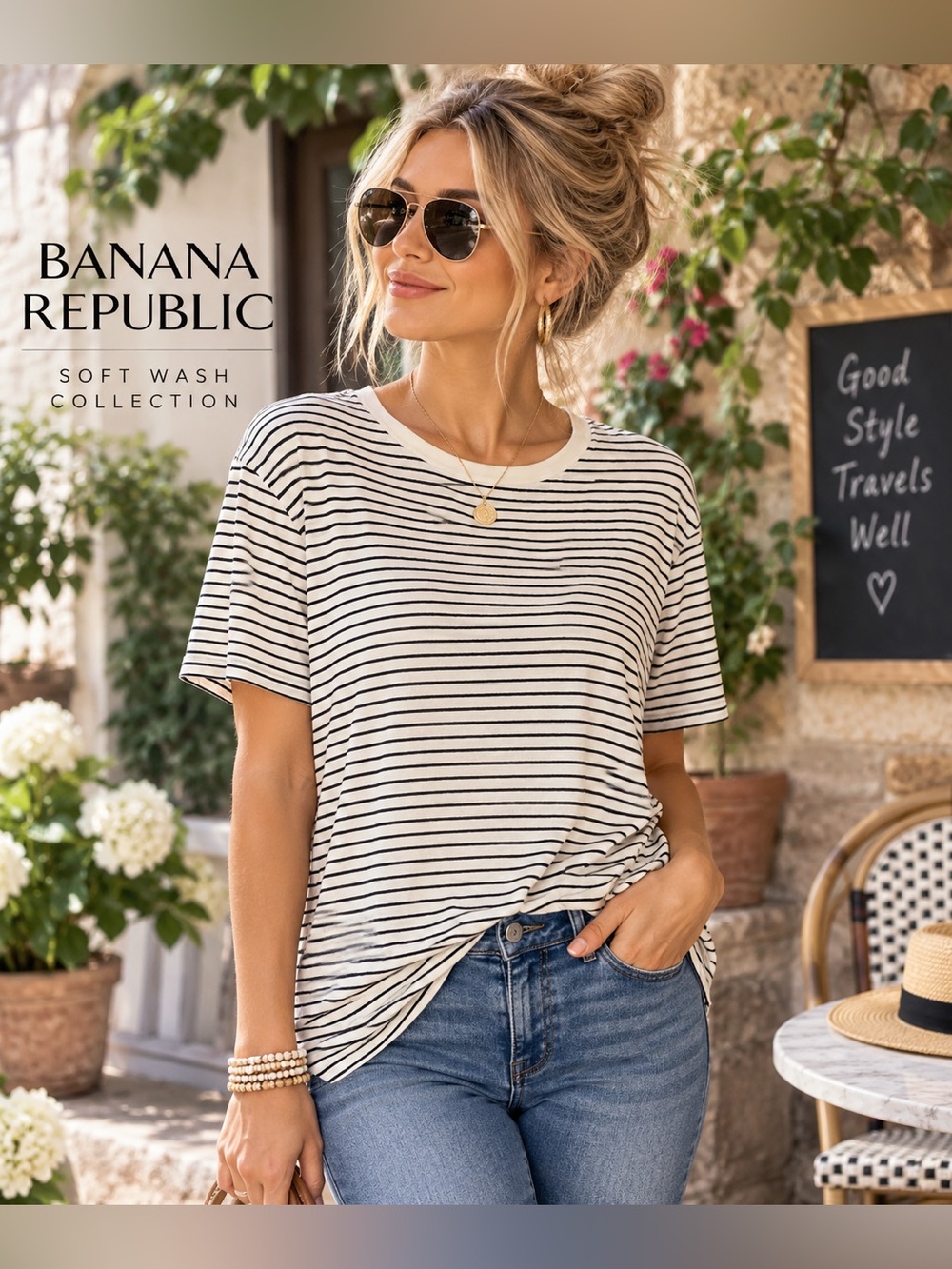Banana Republic Soft Wash Striped Tee M Black White 100% Cotton Relaxed